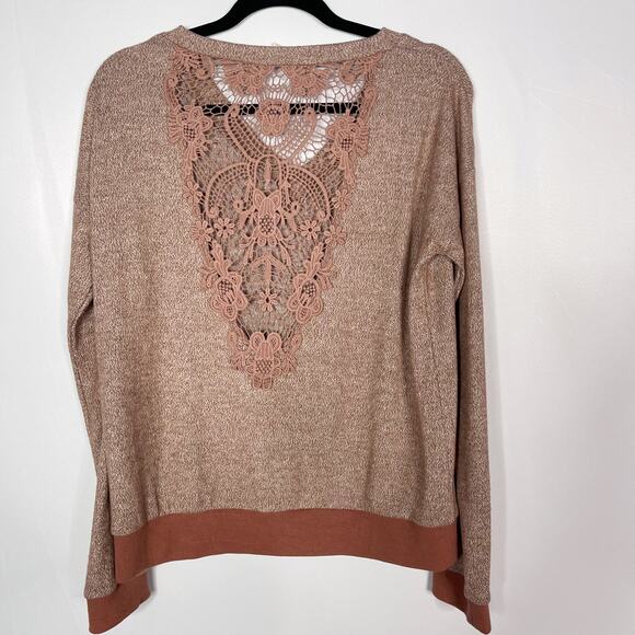 Hem & Thread M Orange Rust Heather Lace Inset Back VNeck Pullover Sweatshirt - Picture 2 of 10